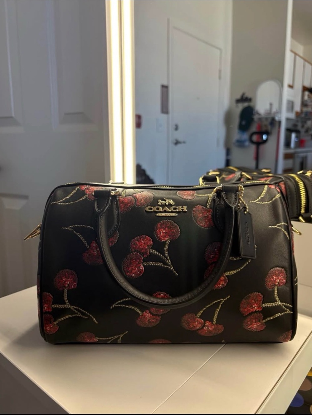 Coach Black Satchel with Red Cherry Motif